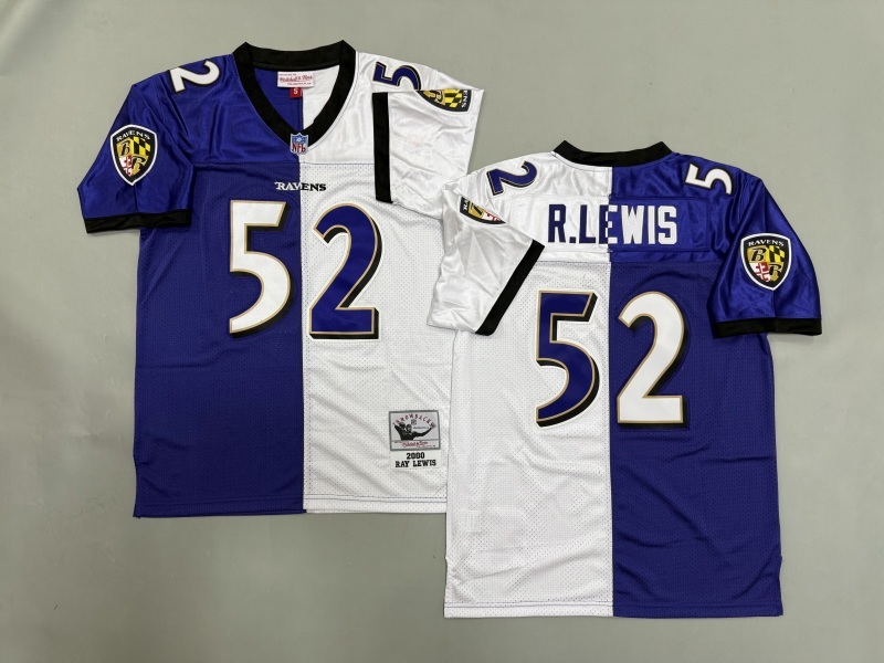 Men 2025 Baltimore Ravens 52 R.Lewis white purple Throwback Limited NFL Jersey style 001